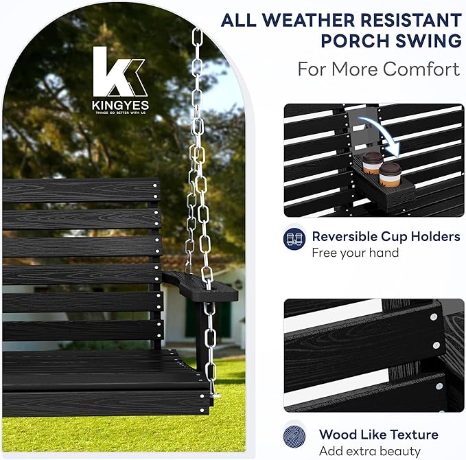 KINGYES Outdoor Patio Swing Set - 2 Seat Hanging Porch Swing with Cup Holders, Waterproof & 660LBS Weight Capacity, Black
