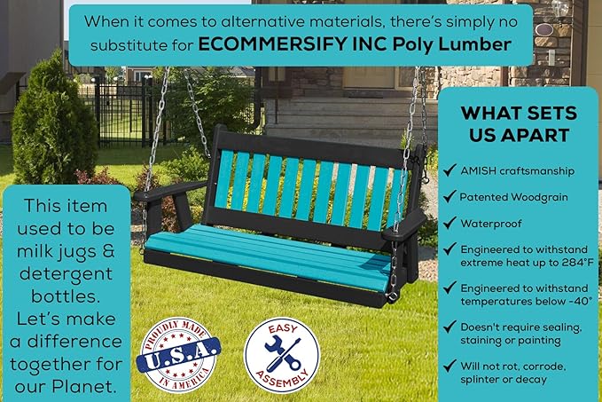 Poly Lumber Wood 4FT Mission Porch Swing Amish Craftsmandship Made in USA HDPE with No Wood fibers 1000 lbs Limit. Stainless Steel Hardware.Signature Design for Patio Outdoor Backyard Garden Park