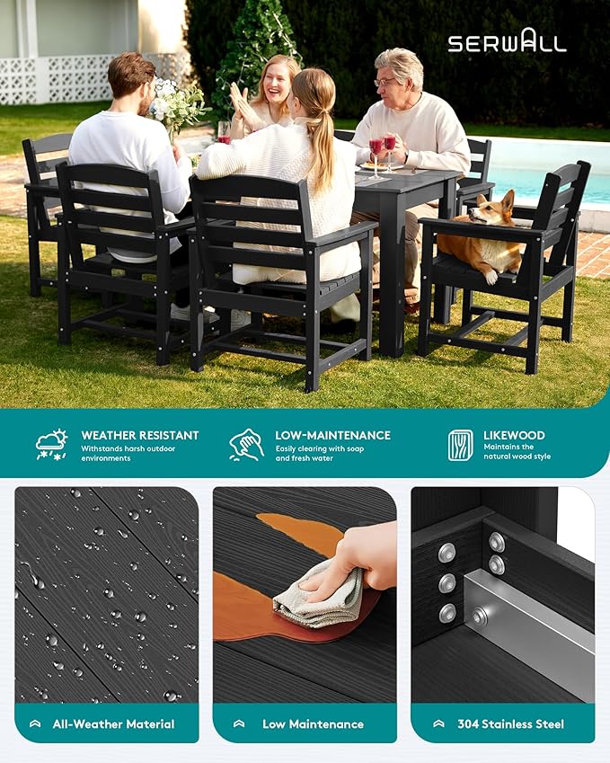 SERWALL HDPE Dining Set for 4, Outdoor Dining Sets for 4 Person with 1 Umbrella Hole Cut-Out Rectangular Table and 4 Chairs, Patio Dining Sets Black