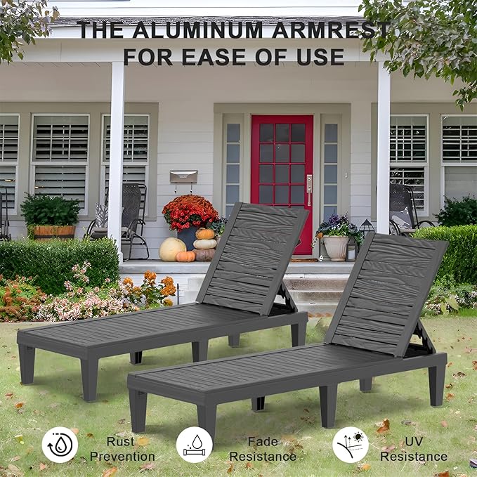 EasyUp Resin Chaise Lounge Chairs with 5-Position Backrest, UV & Fade-Resistant, Waterproof for Garden, Pool, Beach & Patio (Set of 1-Black)