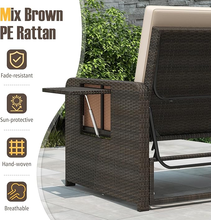 S AFSTAR Outdoor Daybed with Storage Ottoman, Wicker Chaise Lounge Chair with Cushions, Adjustable Backrest & 2 Retractable Trays, Patio Rattan Daybed Loveseat Sofa for Poolside Backyard