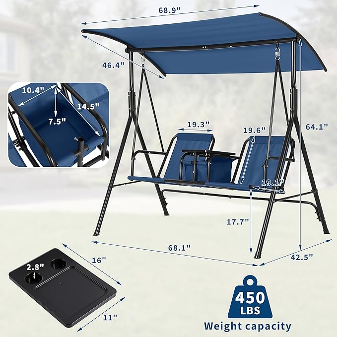 Porch Swing with Cup Holders & Pivot Storage Table & Cooler Bag with Adjustable Canopy for 2 Person Patio Swing for Backyard Balcony Poolside Red Blue