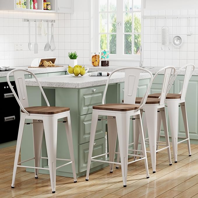 Yongqiang 24" Bar Stools Set of 4 Modern Farmhouse Counter Height Bar Chairs Kitchen Island Metal Barstools with Large Wooden Seat, High Back Cream White
