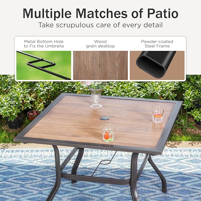 PHI VILLA 5 Piece Outdoor Dining Set, PVC Wooden-Like Square Table with Umbrella Holes and 4 High Back Fixed Chairs All Weather Patio Table and Chairs Set for Outdoor Deck Garden