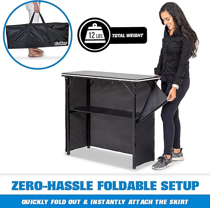 GoBar Portable Bar Table for Events - Black, 3 Skirts, or LED - Pop Up Mobile Bartending Station with Travel Carrying Case