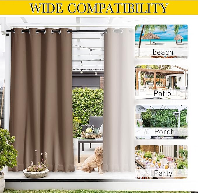 NICETOWN 2 Panels Outdoor Curtains for Patio Waterproof & Windproof, Extra Wide Grommet & Back Tab on Top & Bottom Thermal Insulated Sun Blocking Drapes with Rope for Gazebo, Tan, W100 x L108