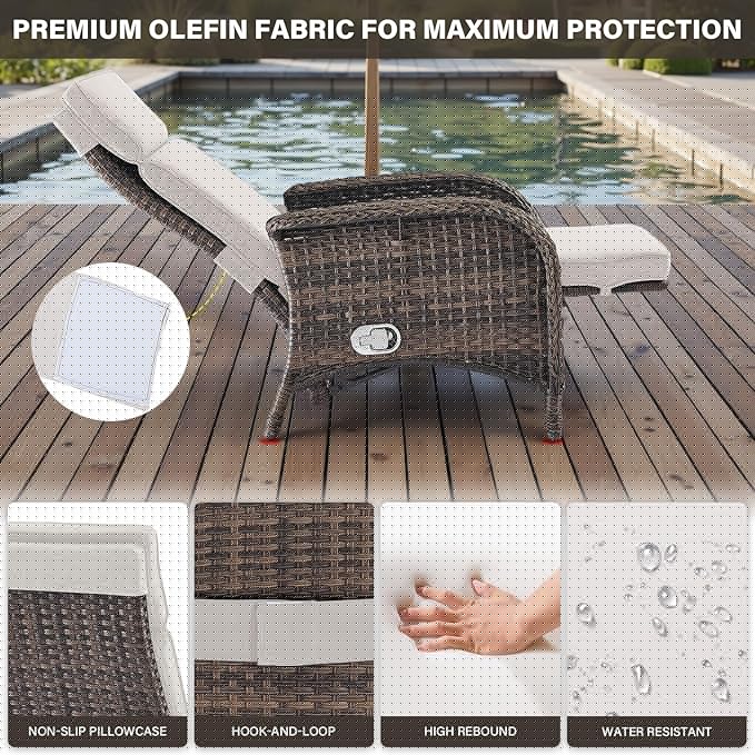 Belord Versatile Outdoor Recliner Chair Set of 3 - Reclining Patio Chair with Adjustable Backrest and Footrest, All-Weather Wicker Chaise Lounge Chair Outdoor with Side Table for Pool Deck Brown