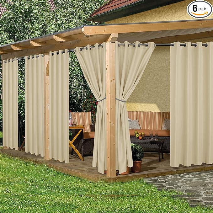 HolidayIdeas Waterproof Outdoor Curtains for Patio, 6 Panels - 54x108 Inches - Weatherproof Privacy Outsides Curtains for Backyard Porch Gazebo, Sunlight & UV Blocking (Cream, Grommet Top)
