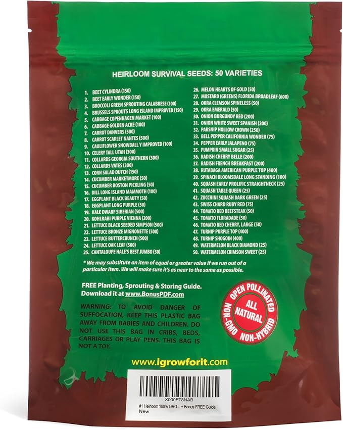 Heirloom Vegetable Seeds Non GMO Survival Seed Kit - Part of Our Legacy and Heritage - 50 Varieties 100% Naturally Grown- Best for Gardeners Who Raise Their Own Healthy Food