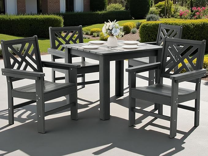 HDPE Outdoor Dining Set,5-Piece Outdoor Table and Chairs Include 4 Armchair Chairs and 35.5" Square Patio Dining Table with Umbrella Hole (Gray)