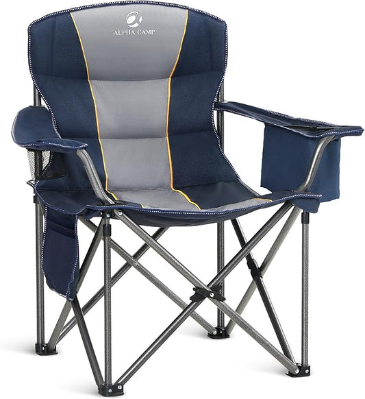 ALPHA CAMP Heavy Duty Camping Chair 500LBS Capacity, Oversized Folding Chair for Heavy People, Padded Portable Outdoor Chair with Cooler Bag & Cup Holder for Camping, Fishing, Beach