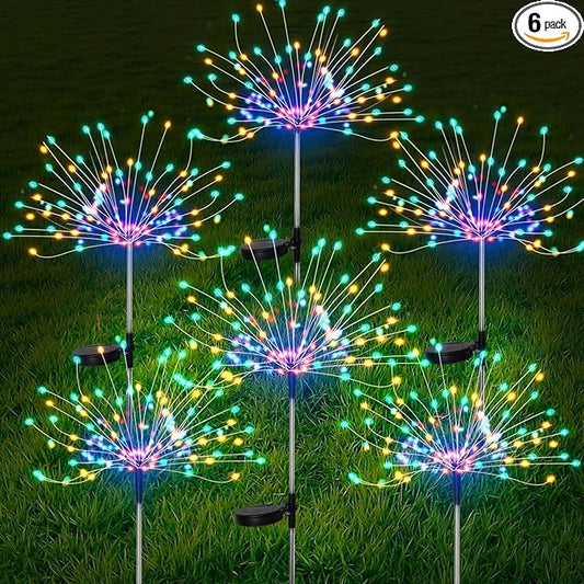 FOOING 6 Pcs Solar Garden Lights Solar Firework Lights, 200 LED String Light 2 Modes Twinkling Nightlight for Outside, Wedding, Party, Patio for Home Decor (Colorful)