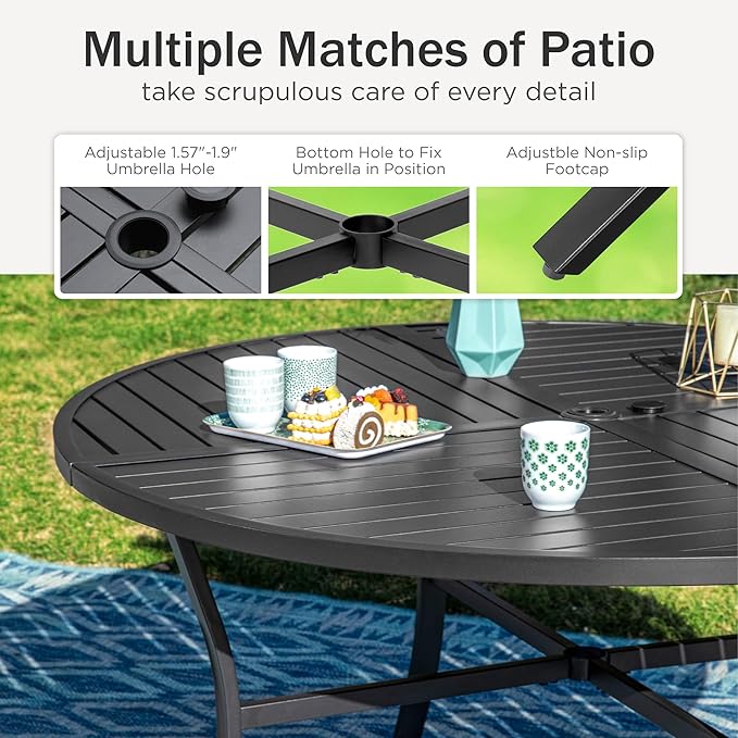 PHI VILLA 7 Pieces Outdoor Round Dining Set for 6, Wrought Iron Dining Circular Table with Umbrella Hole & Stackable Metal Steel Chairs, Large Dining Furniture Set for Patio, Deck, Yard, Porch