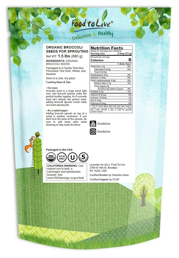 Food to Live Organic Broccoli Seeds for Sprouting, 1.5 Pounds – Non-GMO, Vegan, Kosher, Sirtfood, Bulk. Rich in Sulforaphane, Vitamin C. Grow Sprouts, Microgreens for Salads, and Sandwiches