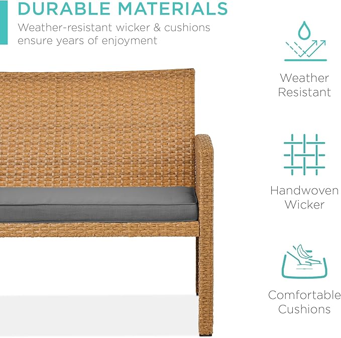 Best Choice Products 4-Piece Outdoor Wicker Patio Conversation Furniture Set for Backyard w/Coffee Table, Seat Cushions - Natural/Gray