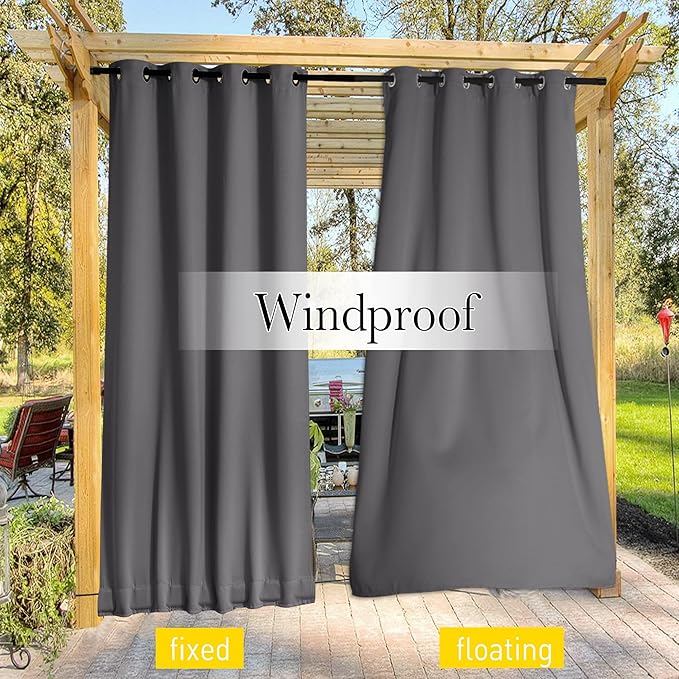 NICETOWN 2 Panels Blackout Outdoor Curtains for Patio Waterproof, Grommet & Back Tab on Top & Bottom Weighted Privacy Light & Sound Reducing for Porch with Bonus Rope for Fixed, Grey, W46 x L63