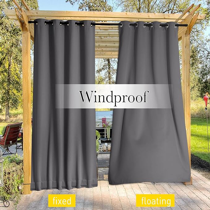 NICETOWN 2 Panels Outdoor Curtains for Patio Waterproof & Windproof, Extra Wide Grommet & Back Tab on Top & Bottom Thermal Insulated Sun Blocking Drapes with Rope for Gazebo, Grey, W100 x L108