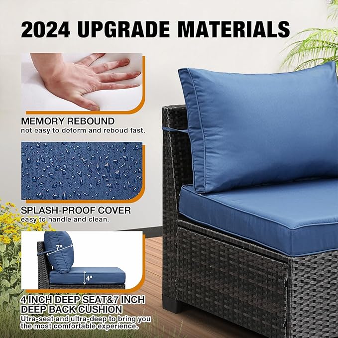 7 Pieces Patio Furniture Set All-Weather Outdoor Wicker Sectional Conversation Sofa Rattan Patio Seating Sofa with Cushion and Glass Table and Ottoman for Porch Poolside,Navy