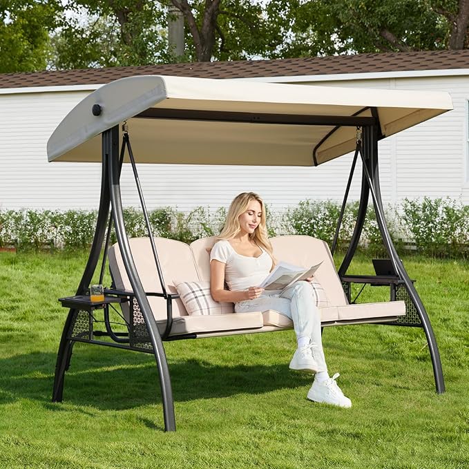 3-in-1 Convertible Outdoor Swing for Adults, Outdoor Porch Swing with Stand 800lb Bearing Capacity, 3-Seat Outdoor Swing with Canopy Adjustable, Thickened Cushions (Square, Khaki)
