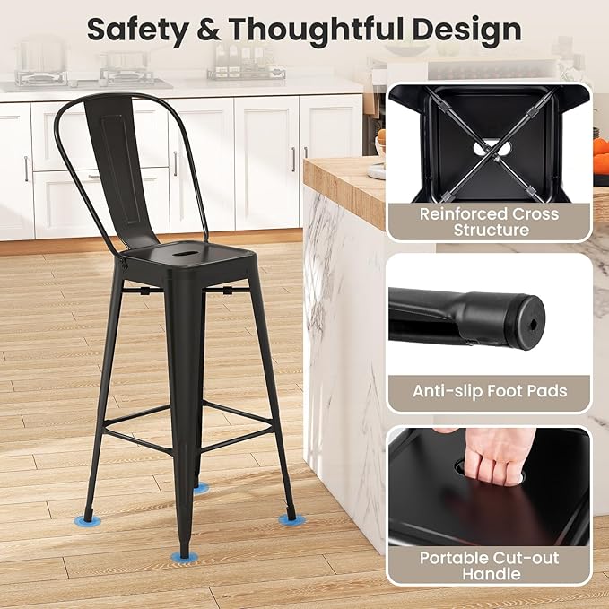COSTWAY 30'' Metal Bar stools Set of 4, with Removable Back,Bar Height Stools with Rubber Feet, Stylish and Modern Chairs, for Kitchen, Dining Rooms, and Side Bar (Black-Update, 30'')