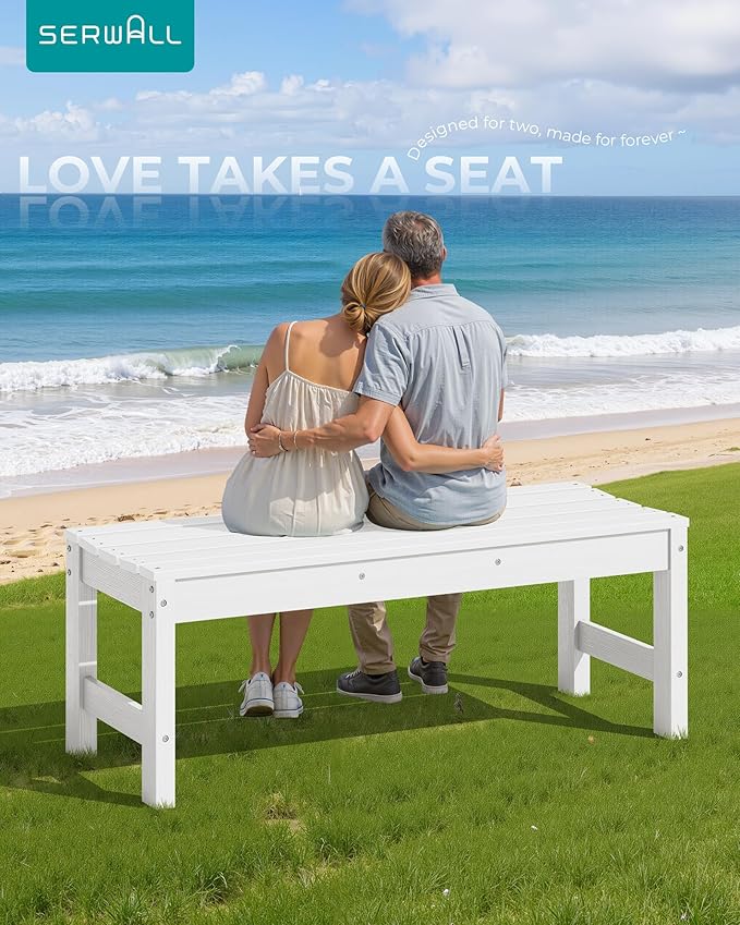 SERWALL 47 Inches Outdoor Bench Set of 2, All Weather HDPE Backless Bench with Wood Grain Texture for Garden Porch and Park, Curved Bench Seat for Comfort, White