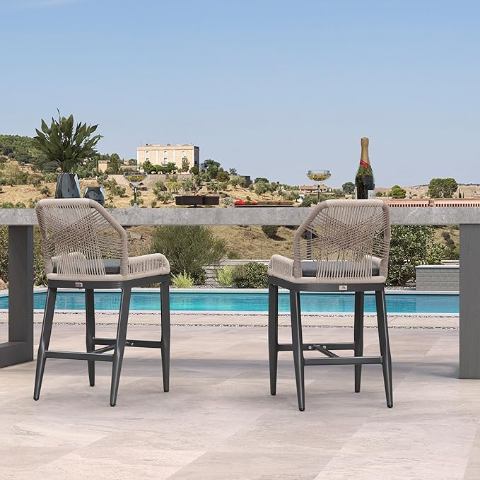 PURPLE LEAF Patio Bar Stool Counter Height Set of 2 Outdoor Rattan Chairs with Back Modern Aluminum Woven Barstools for Garden Indoor Kitchen Gray