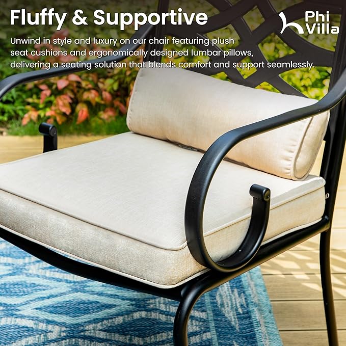 PHI VILLA 7 Pieces Outdoor Dining Set for 6, 54" Round Black Metal Table & Wrought Iron Swivel Chairs, Rustproof Large Outside Furniture with Cushions & Pillows for Patio, Deck, Porch