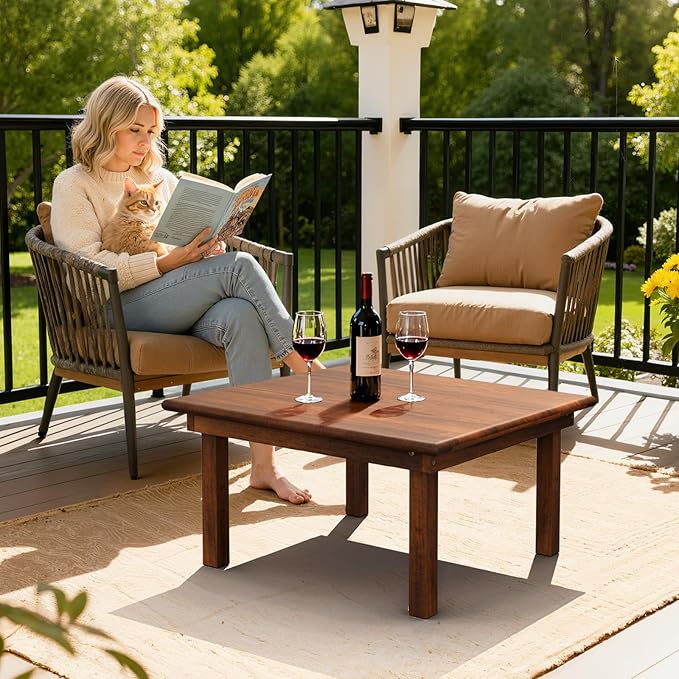 VINGLI Outdoor Folding Coffee Table, Natural Poplar Wood Patio Coffee Table, No Assembly Required, Ideal for Balcony, Porch, and Living Room, Square, Natural