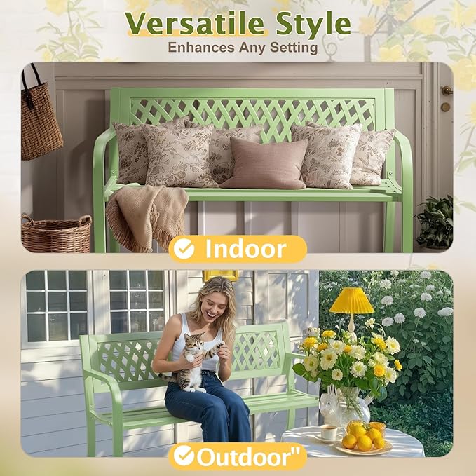 Outvita Outdoor Bench, 47" Iron Steel Frame Garden Bench with Mesh Pattern and Plastic Backrest Armrests, Patio Bench for Garden Park Yard Front Porch Patio, Green