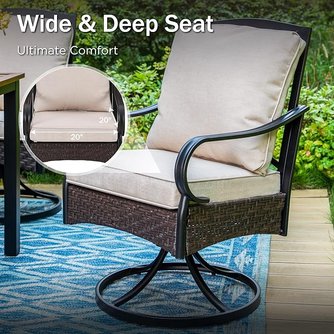 PHI VILLA 7-Piece Outdoor Dining Set, Heavy Duty Patio Table and Chairs Set with Umbrella Hole for 6, 64" Rectangular Patio Woodgrain Metal Table & Swivel Chairs with Cushions