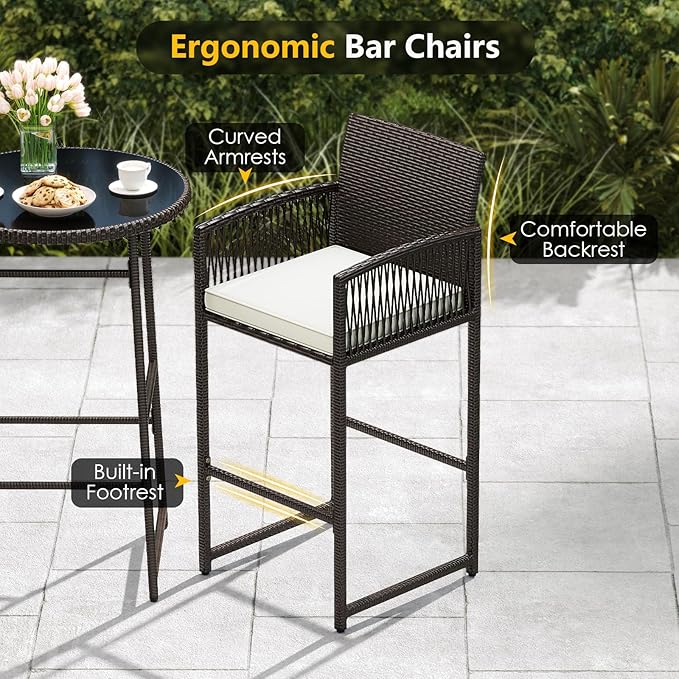 Tangkula 3 Piece Patio Bar Set, Outdoor Wicker Bar Height Glass Top Table & 2 Cushioned Bartools Heavy Duty, for Backyard, Poolside, Porch