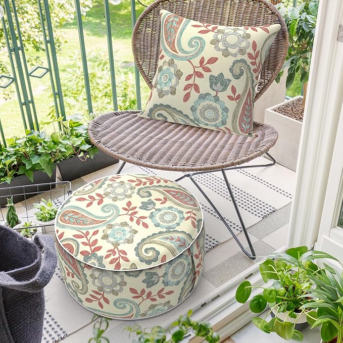 Inflatable Ottoman Stool D21 xH9 for Outdoor/Indoor Use, Water Repellent Patio Foot Rest with Portable Handle,Round Pouf Ottoman Suitable for Garden,Deck and Camping-Paisley Vintage