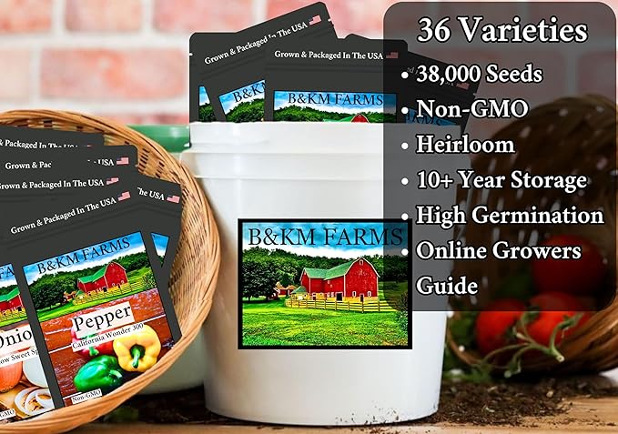 Personal Seed Vault - 38,000+ Survival Seeds, 36 Popular Varieties + Online Growing Guide by B&KM Farms
