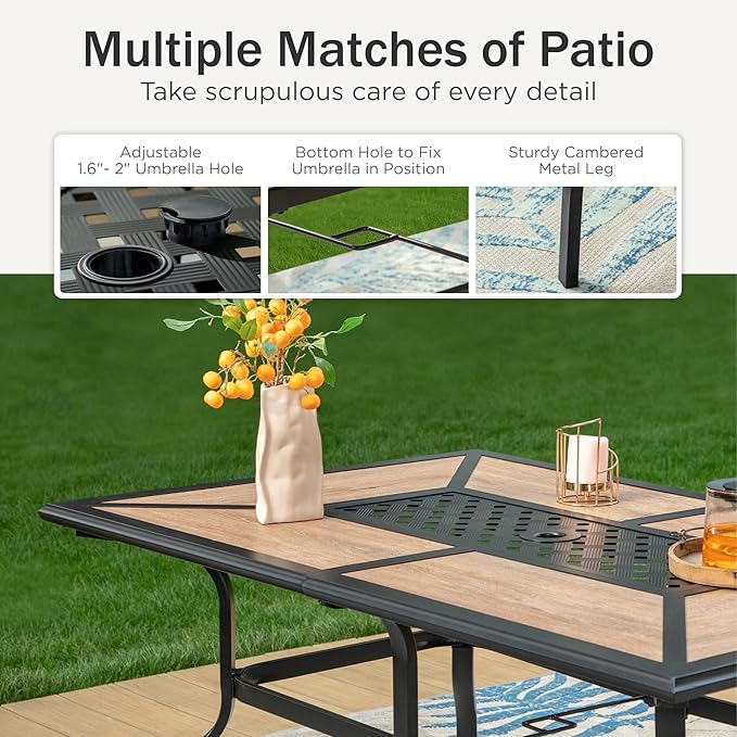 PHI VILLA 7 Piece Patio Dining Set, 6 Swivel Patio Chairs with Textilene Mesh Fabric & Rectangular Wooden-Like Dining Table(1.6"Umbrella Hole), All Weather Patio Chairs and Table Set for Deck (Brown)