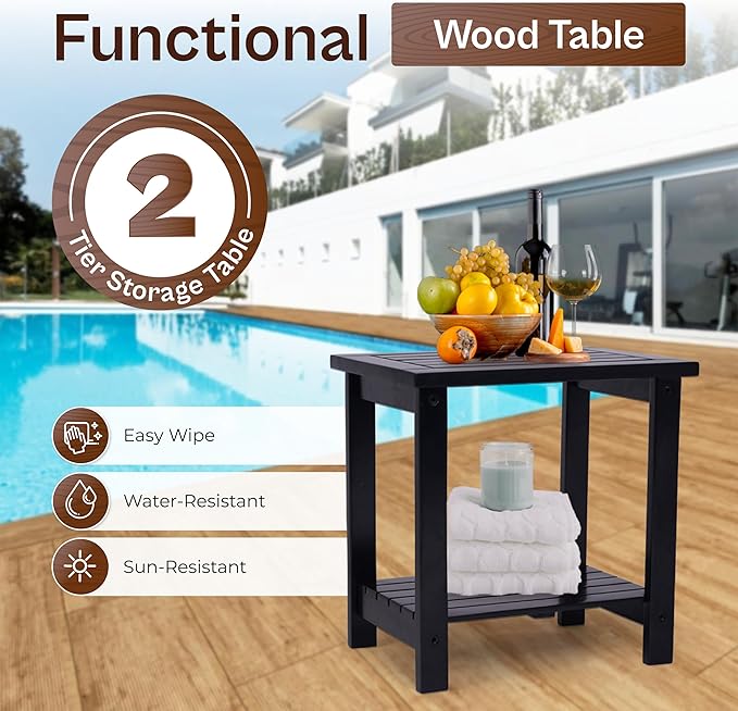 2-Tier Adirondack Side Table – Weather Resistant Wooden End Table, Rectangular Rustic Outdoor & Indoor Small Table for Patio, Garden, Lawn, Porch or Living Room (Black)