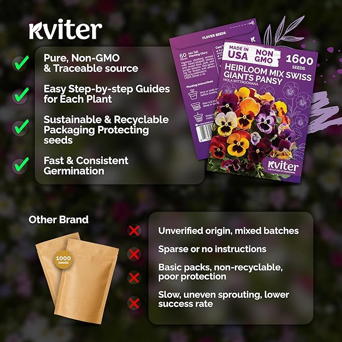 KVITER 1600 Swiss Giants Pansy Seeds For Planting (Viola wittrockiana) – Mixed Colors Seed Packets Viola Edible Blooms – Perennial Flower Seeds to Plant Outside Garden Seed Mix, Containers Flower Beds