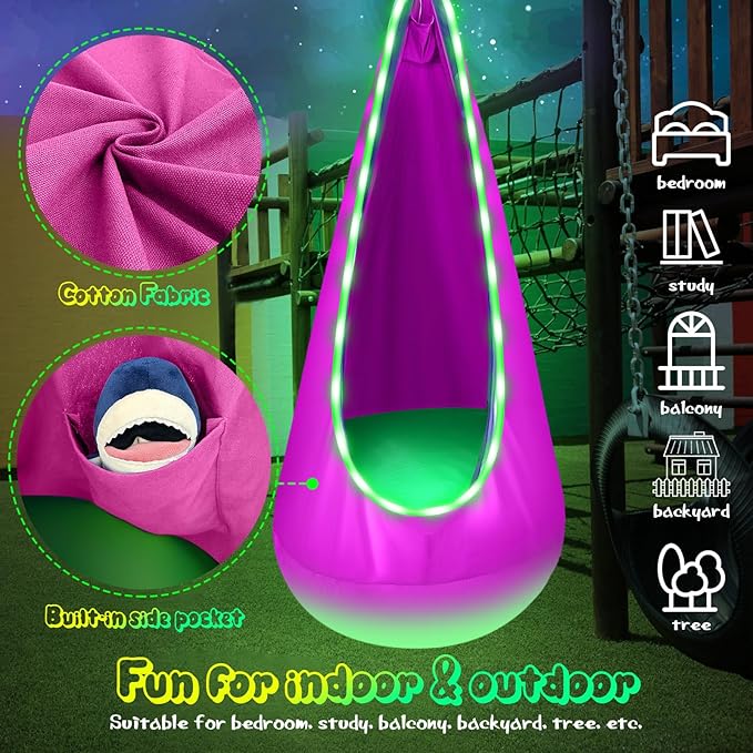 Light Up Kids Pod Swing Seat, Upgraded Kids Hanging Hammock Swing with LED Lights, Cotton Sensory Pod Swing Chair with Inflatable Pillow, Pod Swing for Kids Indoor & Outdoor (1 PCS) (Pink)