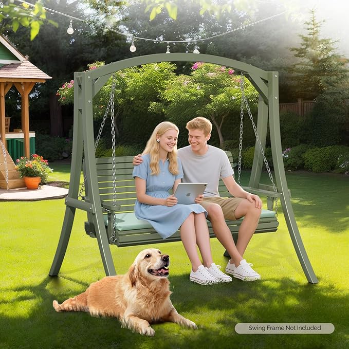 VINGLI Wooden Porch Swing, Heavy Duty 880 LBS Hanging Patio Bench with Extra Cushion for Lawn| Garden| Courtyard (Green, 5 feet)