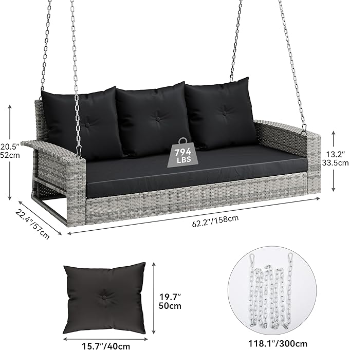 YITAHOME 3-Seats Wicker Hanging Porch Swing Chair Outdoor Gray Rattan Patio Swing Lounge 3 Back Cushions Capacity for Garden, Balcony, Gray Rattan Black Cushion