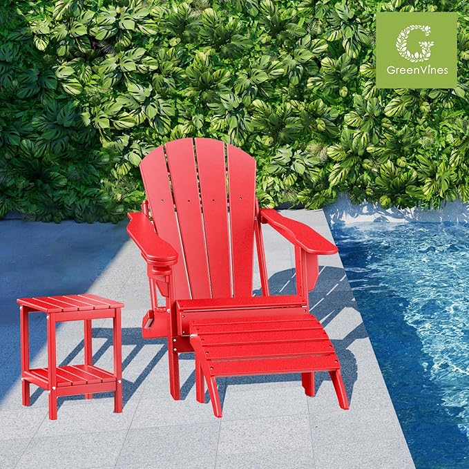 GREENVINES Adirondack-Outdoor-Side-Table | Set of 2 | 14 x 13 Inches | HDPE Plastic | All Weather | Red | Outside End Tables | Storage Shelf | for Patio Porch Backyard Indoor