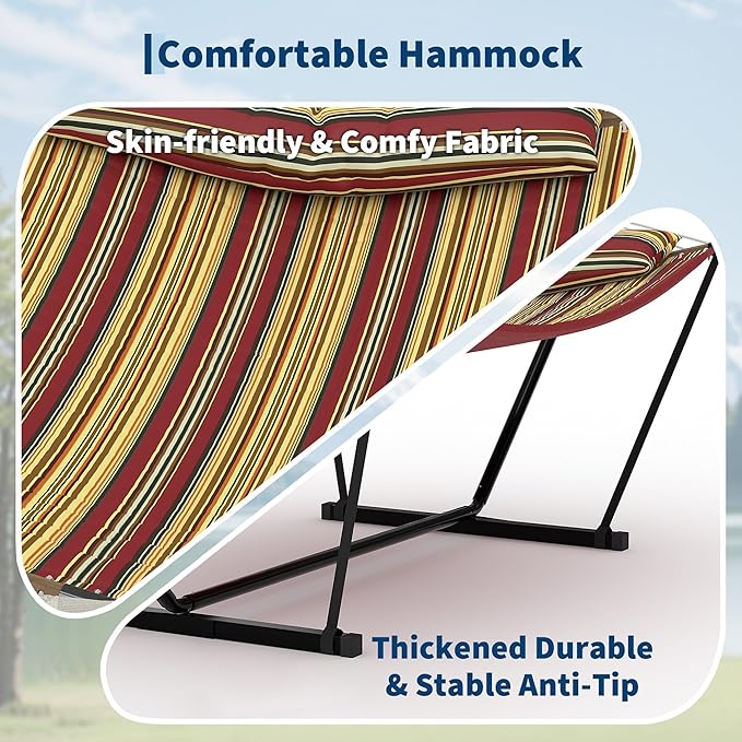Portable 2 Person Double Hammock with Sturdy Heavy-Duty Steel Stand – 450LBS Max Load, Quick & Effortless Assembly, Perfect for Indoor Living, Yard, Patio & Camping Trips