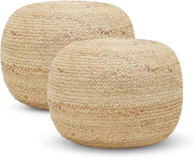 REDEARTH · Jute Circular Pouf Ottoman - Braided Pouffe Accent Sitting Round Footrest for Living Room, Bedroom, Nursery, kidsroom, Patio, Gym; 100% Jute Set of 2 (19.5"X19.5"X14"; Jute Natural)