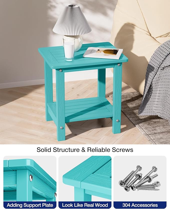 YEFU Outdoor Side Table for Patio: 16" HIPS Weather - Resistant Adirondack Tables - Waterproof Small Square End Tables for Backyard Living Room Bedroom - Indoor Outdoor Double Layer Table Aruba