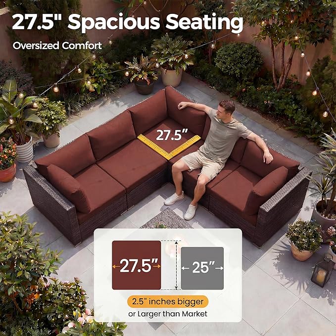 NICESOUL 7 Piece Modular Outdoor Furniture Set with Firepit Natural Gas&Propane, 29.3'' High Back L-Shaped 6-Seater Patio Wicker Sectional Sofa Couch Sets for Tall People, Brown Rattan and Red Cushion