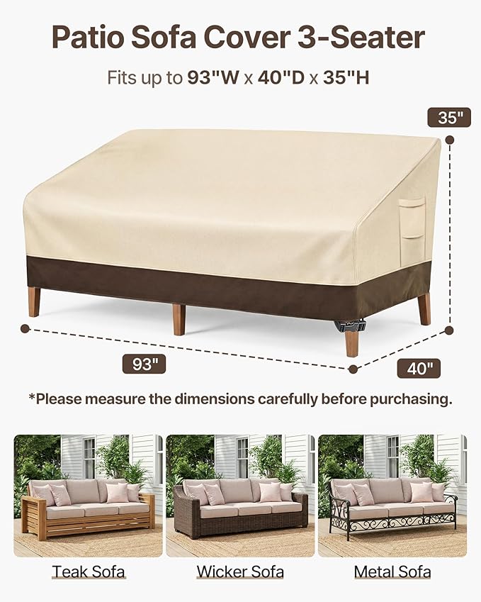 Vailge Heavy Duty Patio Sofa Cover, 100% Waterproof 3-Seater Outdoor Sofa Cover,Lawn Patio Furniture Covers with Air Vent and Handle,93" Wx 40" Dx 35" H,Beige&Brown