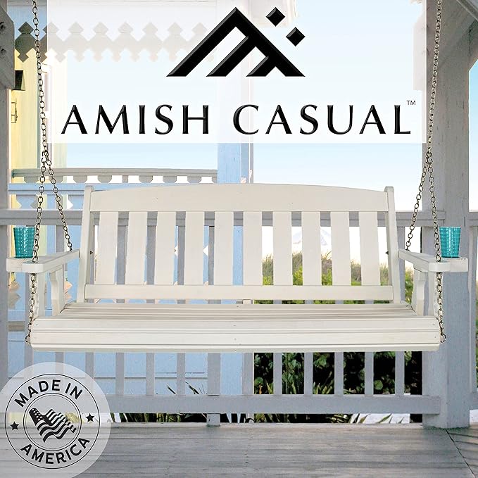 Amish Casual Heavy Duty 800 Lb Mission Treated Porch Swing with Hanging Chains and Cupholders (5 Foot, Semi-Solid White Stain)