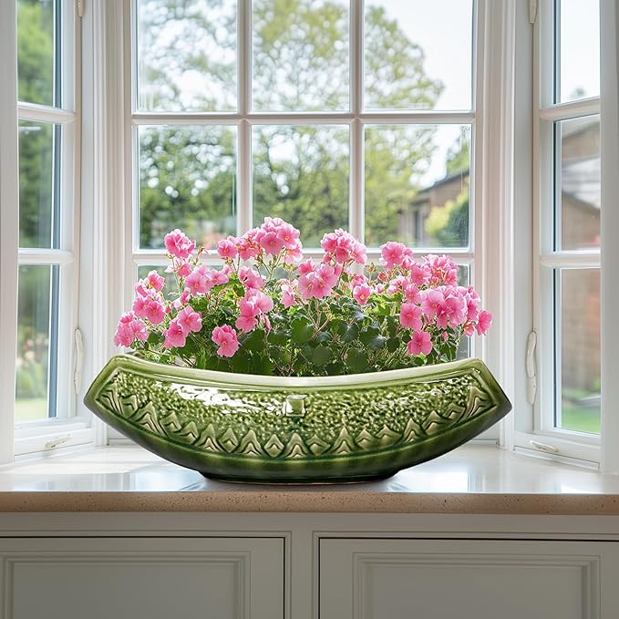 Bonsai Planter 18 Inch - Large Ceramic Succulent Pots with Drainage Hole, Bonsai Pots for Indoor Outdoor Plant, Ceramic Flower Pot, Decorative Plant Pot, Garden Decor, Housewarming Gift, Green