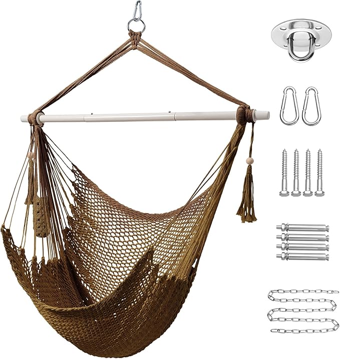 Lazy Daze Hammocks Chair Caribbean Hanging Rope Swing Chair, 40" Removable Steel Spreader Bar with Anti-Slip Rings, Soft-Spun Cotton Rope for Indoor/Outdoor Backyard & Living Room, Max 500 LBS, Tan