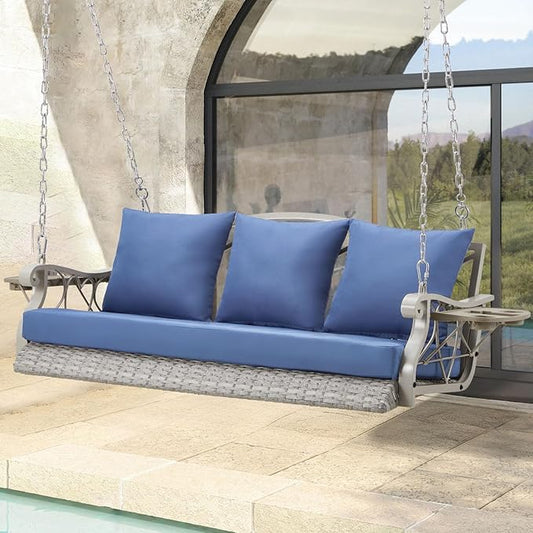 Heavy Duty 900 LBS Porch Swing Chair 3-Person Outdoor Rattan Patio Swing Lounge w/Cup-Holder & Steel Chains Wicker Hanging Bench Porch Swing Cushions for Deck & Backyard & Garden