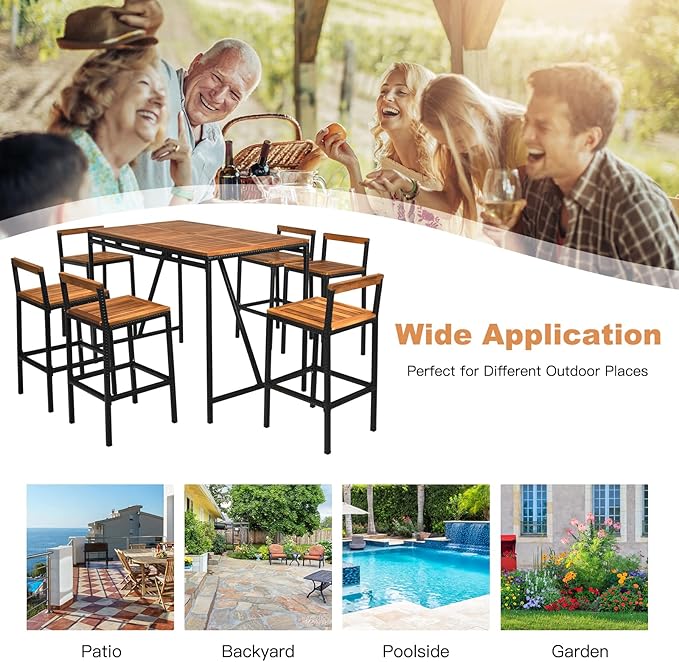 HAPPYGRILL 7 Piece Patio Bar Table Set with Umbrella Hole Acacia Wood High-Dining Bistro Set with 6 Bar Stools, PE Wicker Outdoor Bar Set for Backyard Patio and Poolside